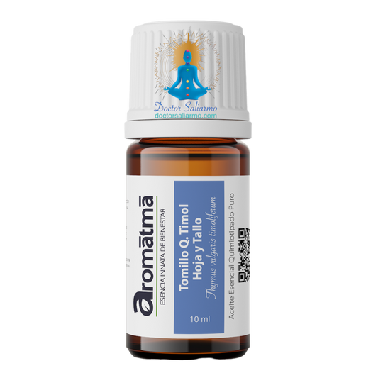 El aceite esencial de tomillo Qt Timol (Thymus vulgares timoliferum) 100% puro y natural esta indicado en inmunoestimulación, gripa, bronquitis, rinitis, sinusitis, fatiga general, candidiasis, Enf gastrointestinales, parasitosis por áscaris, Tiene excelentes propiedades antivirales, antimicrobianas y antimicóticas.